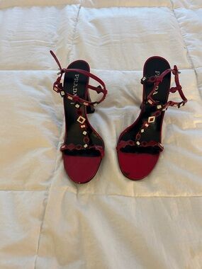 Prada Burgundy Red T-Strap Gem-Embellished Heels. Size 7.5
